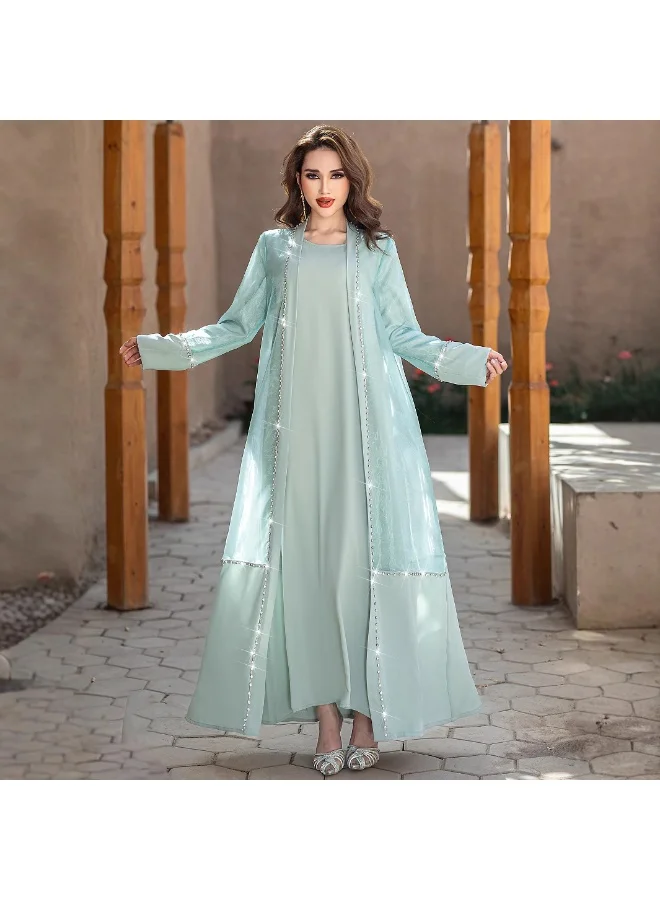 Madam Uniq Light - Blue Two - Piece Set: Maxi Dress with Embellished Long Duster Coat