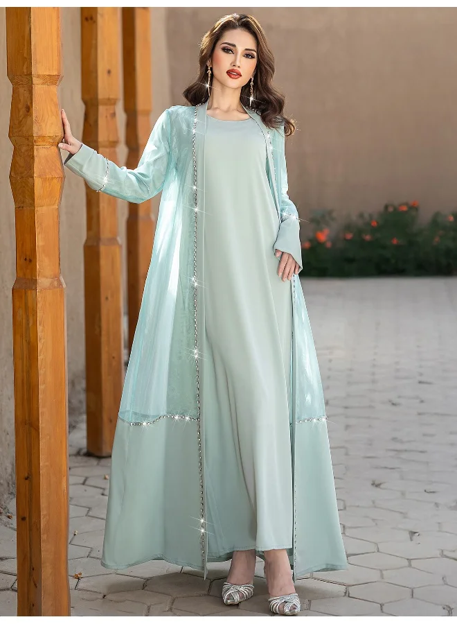Madam Uniq Light - Blue Two - Piece Set: Maxi Dress with Embellished Long Duster Coat