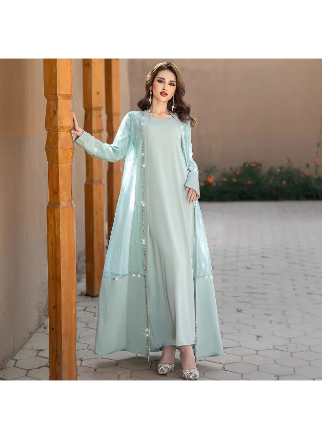 Madam Uniq Light - Blue Two - Piece Set: Maxi Dress with Embellished Long Duster Coat