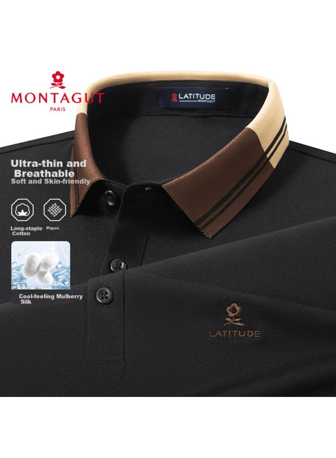 Montagut Men's Summer Short Sleeve Polo Shirt Solid Color Jacquard Silk Cooling T-shirt Black 2xl/54 - Image 1