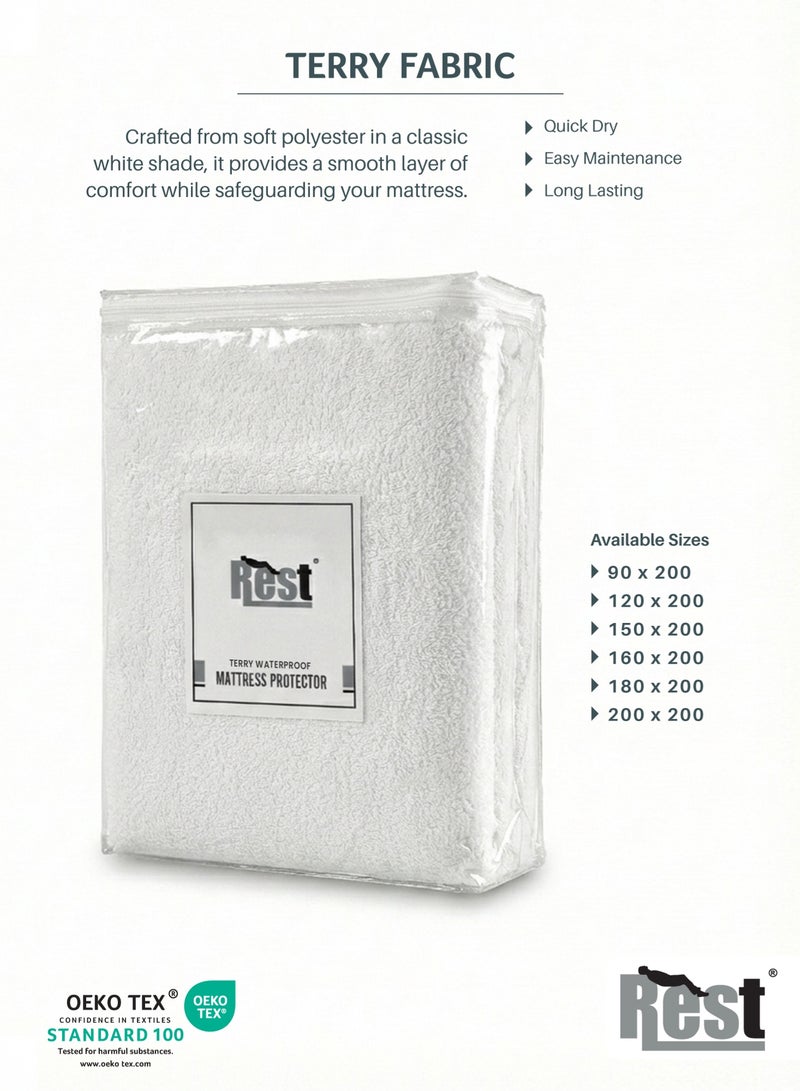 REST Waterproof Premium Mattress Protector 120x200cm , 47x79 inch White Terry Cotton Upto 35cm Deep Pocket Hypoallergenic Breathable Mattress Protector Machine Washable - Image 4
