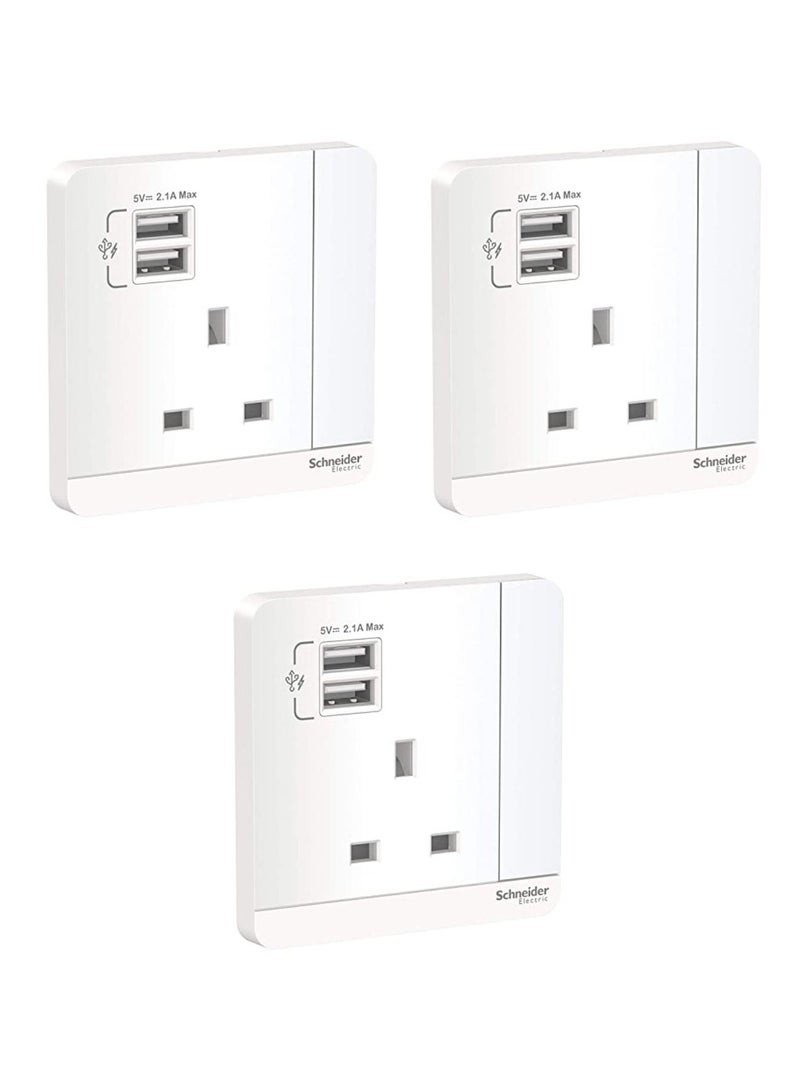 Schneider Electric Schneider Electric E8315USB_WE_G12 AvatarOn 3P 13A 2 USB Charger + Switched Socket, White - Pack of 3 