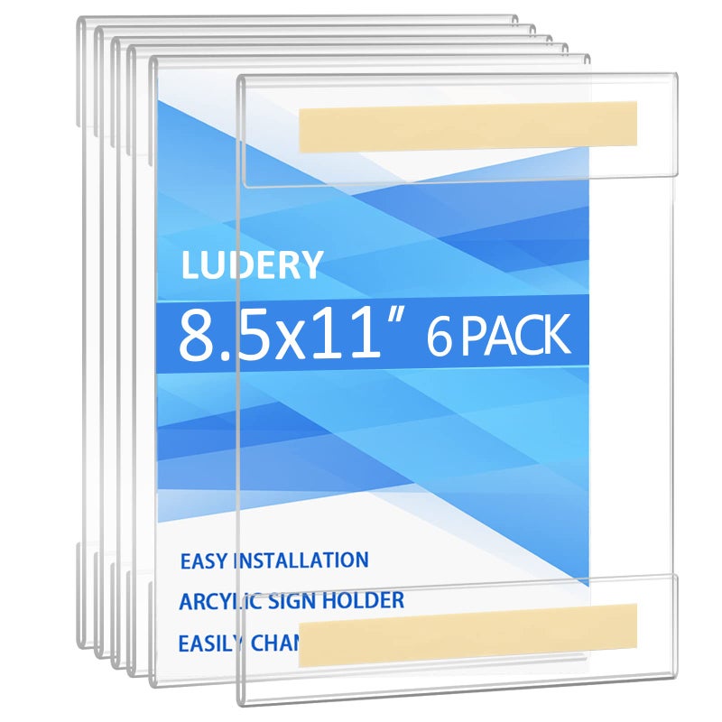 Ludery Acrylic Sign Holder 8.5 x 11 Wall Mount, Wall Mount Sign Holders, Clear Acrylic Frame with 3M Tape Adhesive, Plastic Wall Sign Holder for Office, Home, Restaurant-Vertical (6 Pack) - Image 1