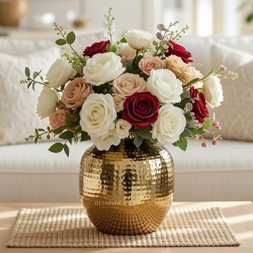 BEHOMA Metal Hammered Bud Round Shape Vase for Home Decor Decoratives for Indoor Outdoor Living Room Balcony | Best Gift for Birthday Anniversary Festival | Golden 1 Large Pcs - Image 1