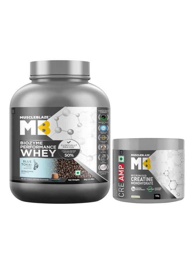 MuscleBlaze Biozyme Performance Whey Protein Powder, Blue Tokai Coffee (2kg / 4.4lbs) & Micronised Creatine Monohydrate CreAMP, Unflavoured (32 Servings, 100g) | Combo Pack - Image 1