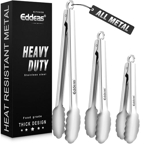 Eddeas Tongs For Cooking - All Metal Heat Resistant 600 Degrees Kitchen Tongs, Stainless Steel Locking Tongs, For Food,Salad, BBQ, Grill, Dishwasher, Set of 3-7",9" & 12 inch - Image 1
