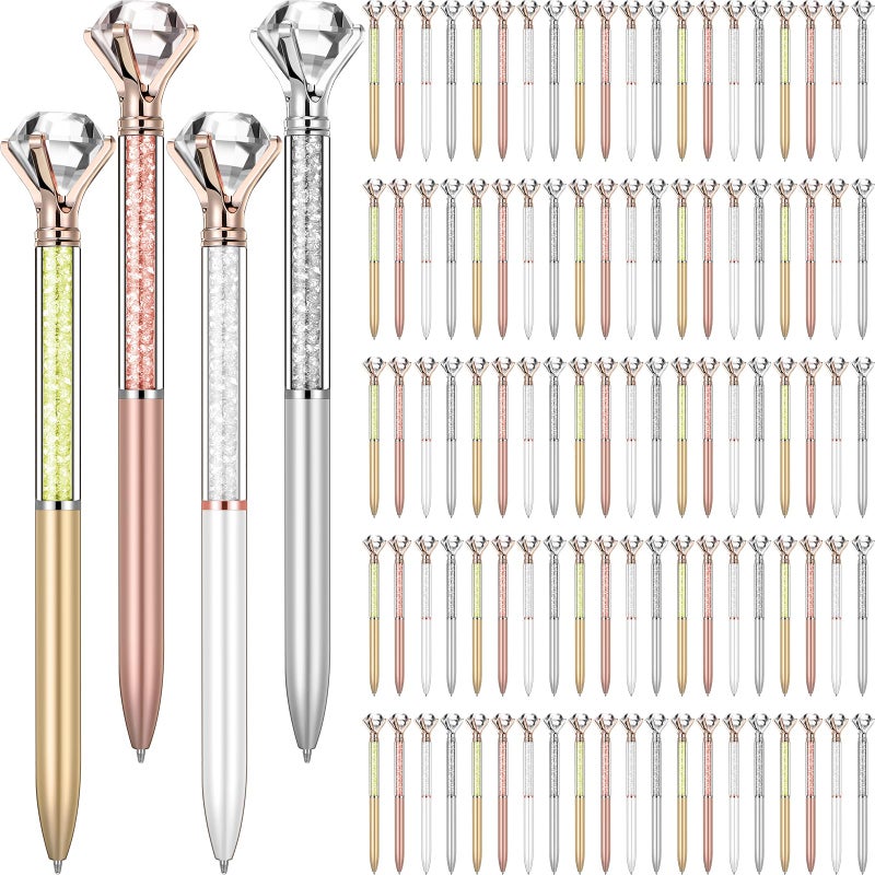 شيري 100 عبوة من أقلام الماس الكبيرة أقلام كروية لطيفة أقلام كروية قابلة للسحب مزينة بالأحجار الكريمة بلينغ بلاتين أسود حبر جل لوازم مكتبية هدايا للنساء كلاسيك غليتر