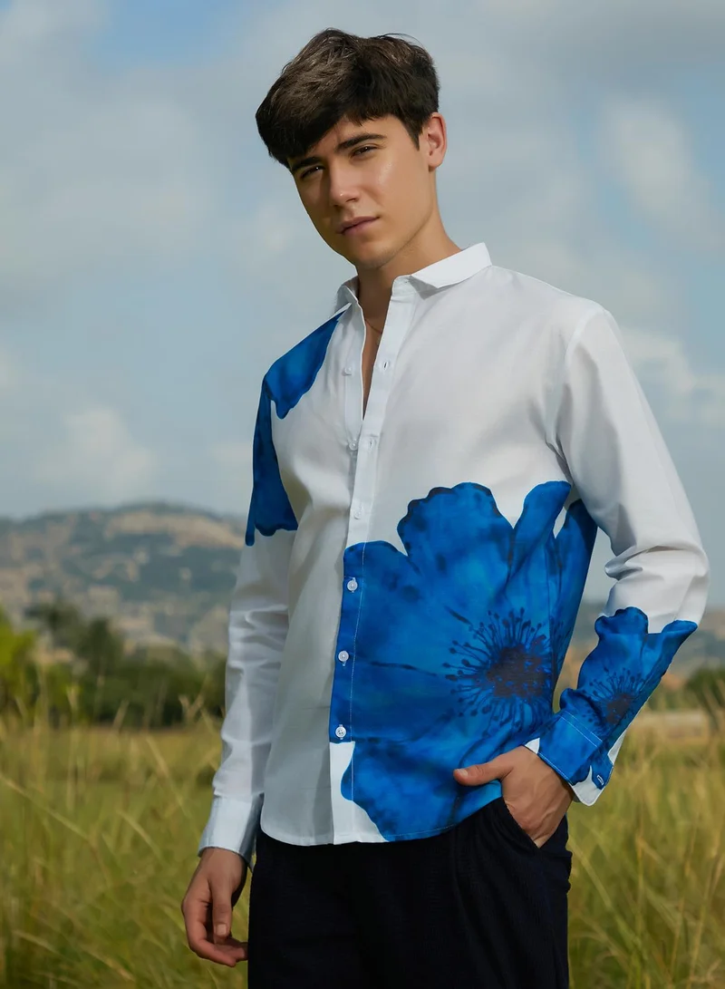 Campus Sutra Campus Sutra Men's Royal Blue Primrose Flora Shirt For Casual Wear | Spread Collar | Long Cuffed Sleeves | Button Closure | Shirt Crafted With Comfort Fit For Everyday Wear