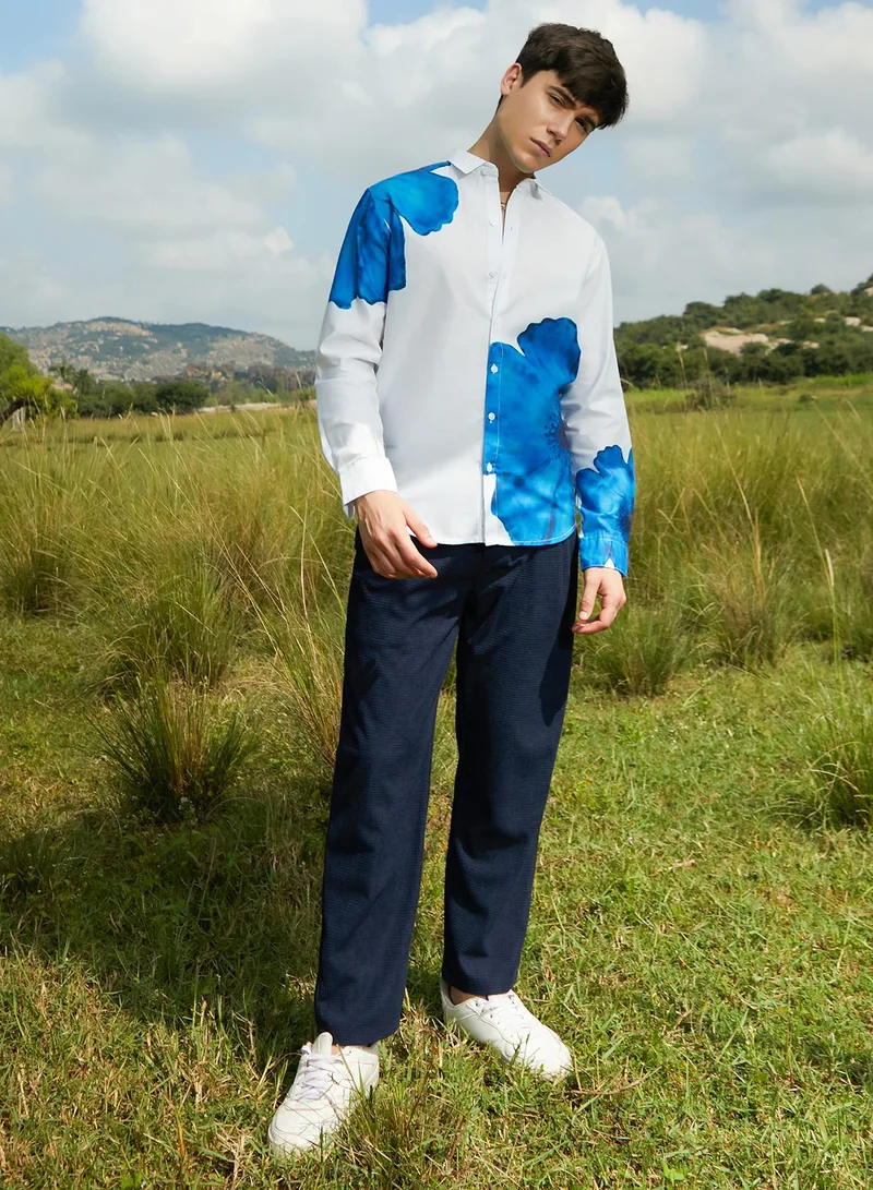 Campus Sutra Campus Sutra Men's Royal Blue Primrose Flora Shirt For Casual Wear | Spread Collar | Long Cuffed Sleeves | Button Closure | Shirt Crafted With Comfort Fit For Everyday Wear