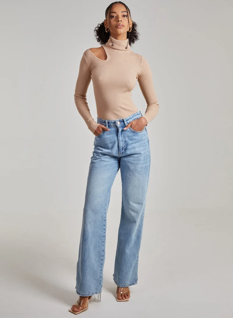 Pink Vanilla  Knit Cut Out Turtle Neck Top for Women | Best Price UAE