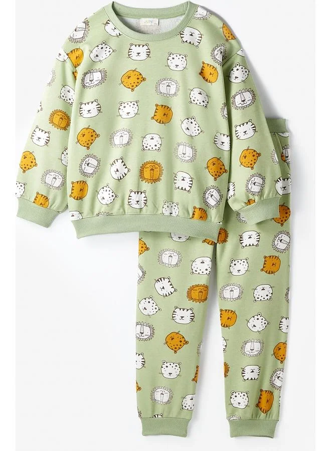 JUNE June Kid Tiger Patterned Sweatshirt and Sweatpant 2-Pack Set Light Green