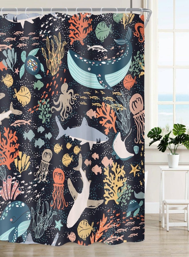 Riyidecor Kids Sea Animal Shower Curtain for Bathroom Decor 72Wx72H Funny Shark Fish Cartoon Fun Underwater Blue Ocean Turtle Whale Nature Art Printed Fabric Polyester Waterproof 12 Pack Plastic Hooks - Image 1