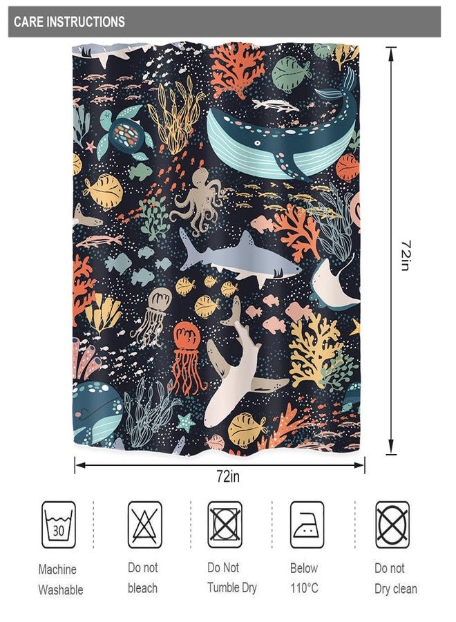 Riyidecor Kids Sea Animal Shower Curtain for Bathroom Decor 72Wx72H Funny Shark Fish Cartoon Fun Underwater Blue Ocean Turtle Whale Nature Art Printed Fabric Polyester Waterproof 12 Pack Plastic Hooks - Image 3