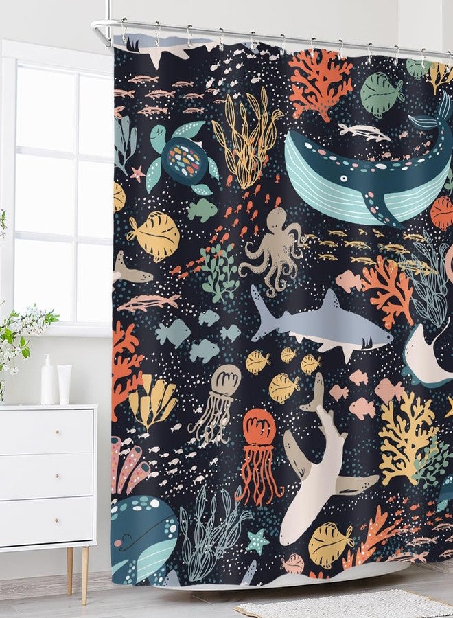 Riyidecor Kids Sea Animal Shower Curtain for Bathroom Decor 72Wx72H Funny Shark Fish Cartoon Fun Underwater Blue Ocean Turtle Whale Nature Art Printed Fabric Polyester Waterproof 12 Pack Plastic Hooks - Image 2
