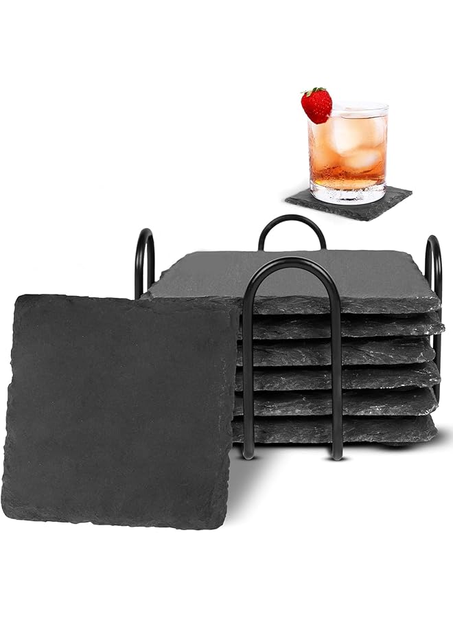 The Bros حاملات أكواب من الحجر الرملي، مجموعة 6 حاملات أكواب 4 بوصة، حاملات أكواب حجرية سوداء 4 بوصة بالجملة، مجموعة حاملات أكواب مصنوعة يدويًا - Image 1