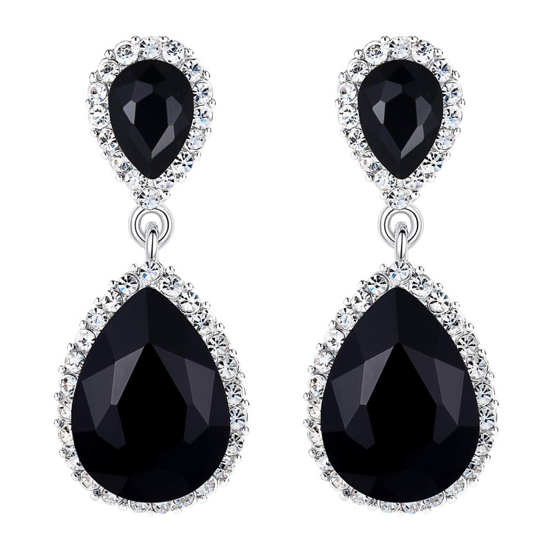EVER FAITH Women's Black Austrian Crystal Wedding Bridal Tear Drop Dangle Earrings Silver-Plated-Base