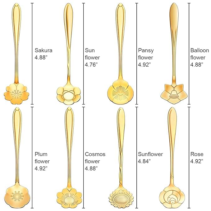 TAPAHPRIYAY Golden Spoons, Coffee Spoon, Flower Teaspoons, Desserts Spoons, Stainless Steel Reusable Tea Scoops, Spoon Set for Kitchen, Dessert House, Cafe Or Bar (8pcs Spoon) - Image 2