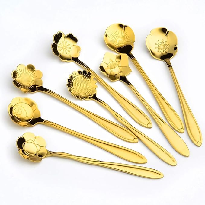 TAPAHPRIYAY Golden Spoons, Coffee Spoon, Flower Teaspoons, Desserts Spoons, Stainless Steel Reusable Tea Scoops, Spoon Set for Kitchen, Dessert House, Cafe Or Bar (8pcs Spoon) - Image 1