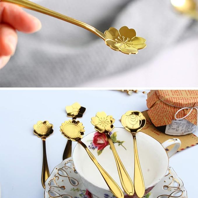 TAPAHPRIYAY Golden Spoons, Coffee Spoon, Flower Teaspoons, Desserts Spoons, Stainless Steel Reusable Tea Scoops, Spoon Set for Kitchen, Dessert House, Cafe Or Bar (8pcs Spoon) - Image 5