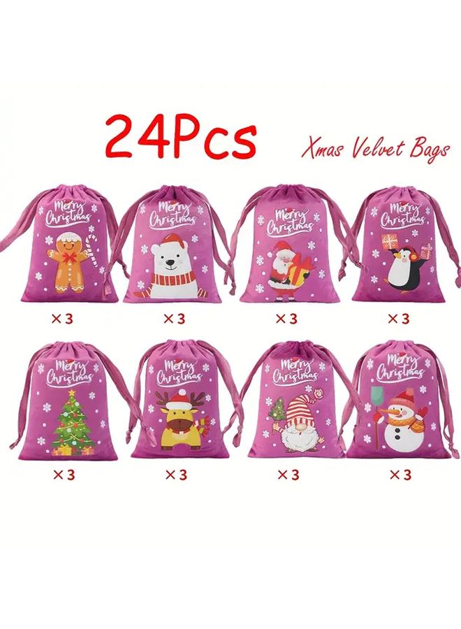 24 Pcs Christmas Velvet Gift Bags With Drawstring Reusable Party Drawstring Bag Packs Xmas Treat Sacks For Holiday Wrapping Favor Supplies Hanging Advent Calendar Bags Baby Shower Wedding Favors Best For Christmas - Image 1