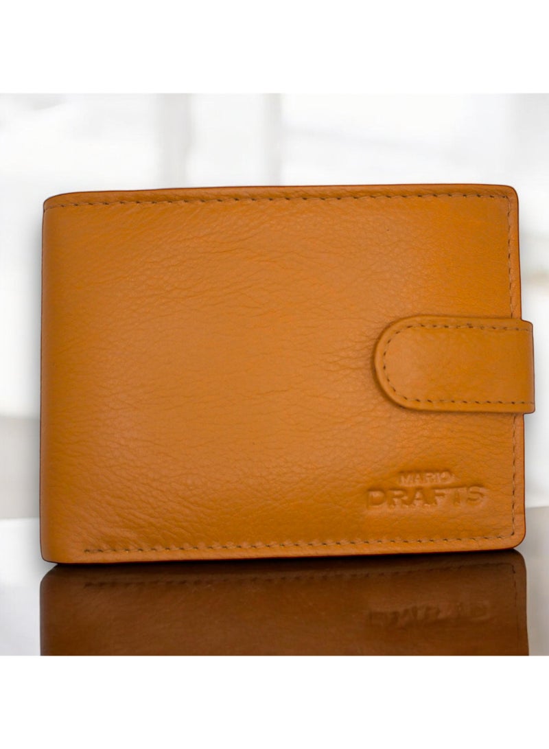 MARIO DRAFTS Men's Genuine Leather Button Wallet, Tan - Image 1