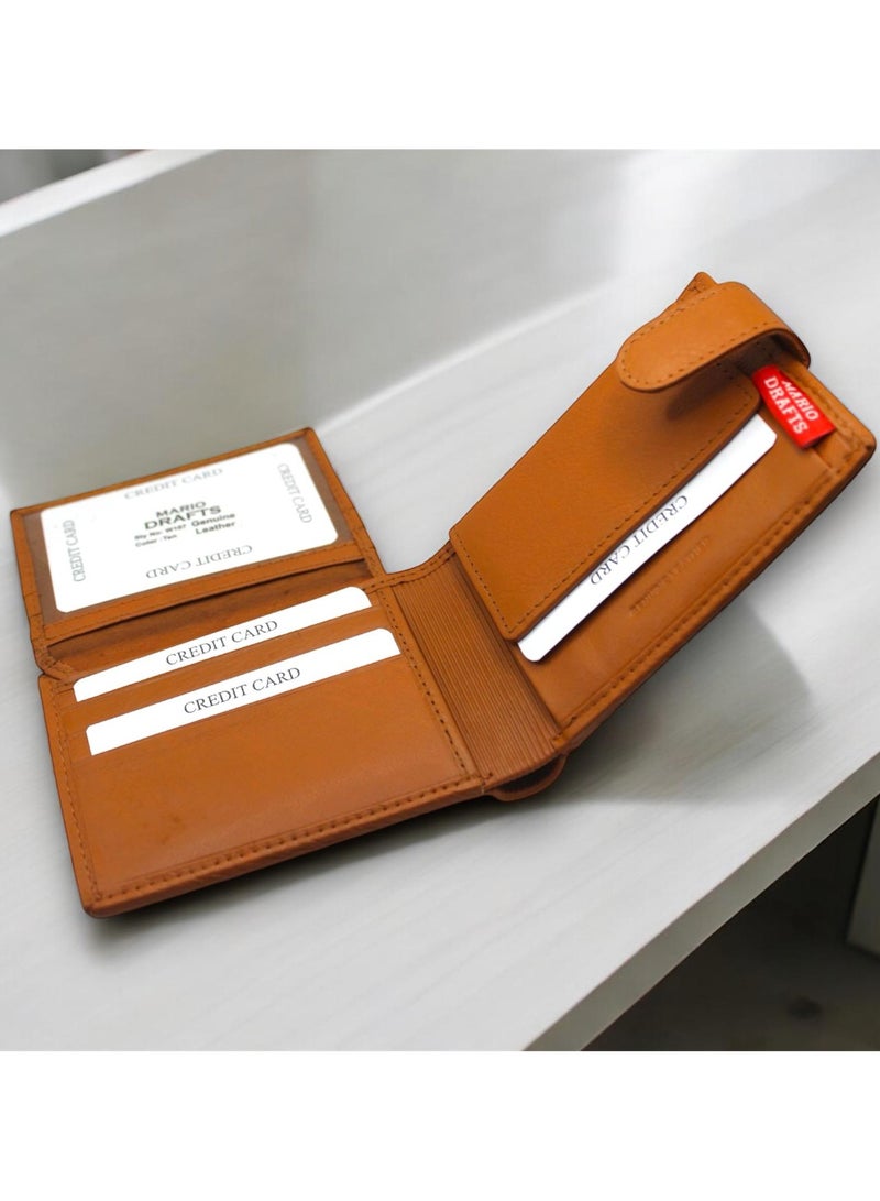 MARIO DRAFTS Men's Genuine Leather Button Wallet, Tan - Image 3