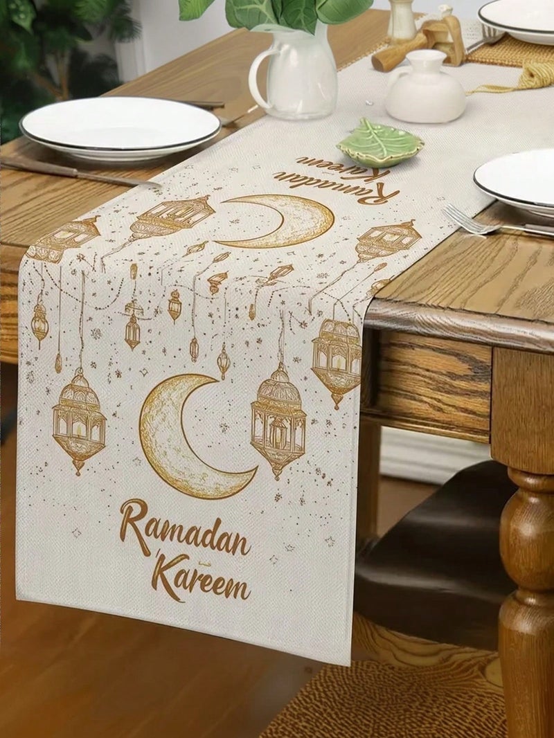 زينة رمضان مفرش طاولة بتصميم هلال وفوانيس رمضان مع عبارة رمضان كريم – مقاس 183×33 سم – زينه رمضان للمنازل و الحفلات - Image 4