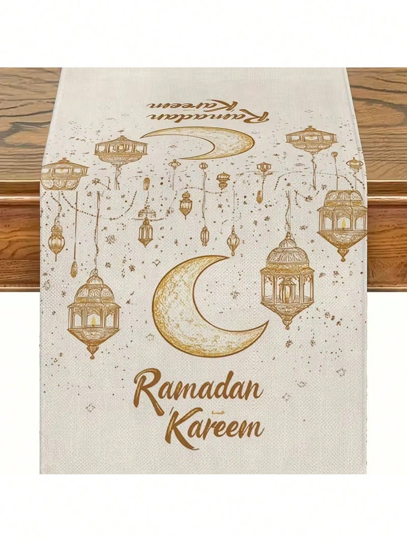 زينة رمضان مفرش طاولة بتصميم هلال وفوانيس رمضان مع عبارة رمضان كريم – مقاس 183×33 سم – زينه رمضان للمنازل و الحفلات - Image 3