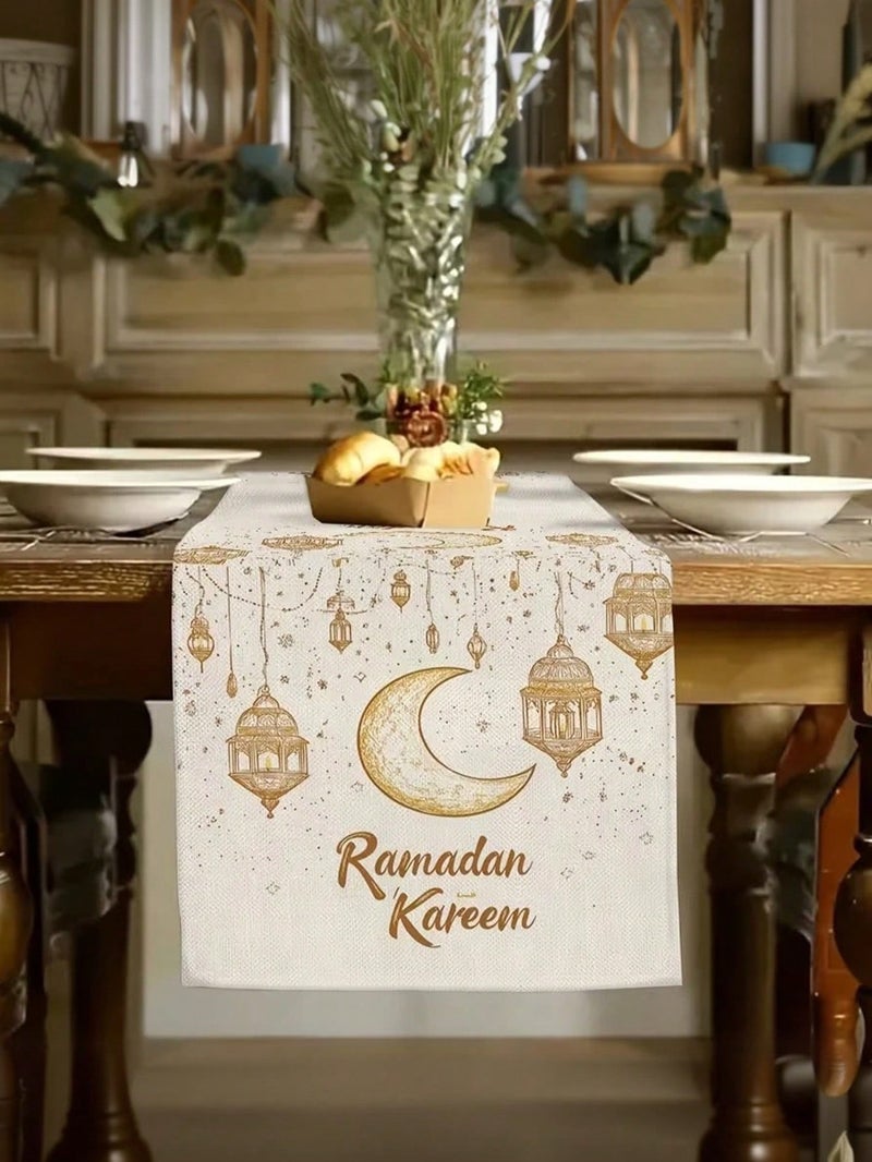 زينة رمضان مفرش طاولة بتصميم هلال وفوانيس رمضان مع عبارة رمضان كريم – مقاس 183×33 سم – زينه رمضان للمنازل و الحفلات - Image 2