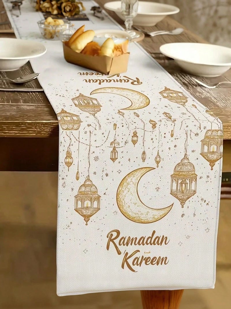 زينة رمضان مفرش طاولة بتصميم هلال وفوانيس رمضان مع عبارة رمضان كريم – مقاس 183×33 سم – زينه رمضان للمنازل و الحفلات - Image 1