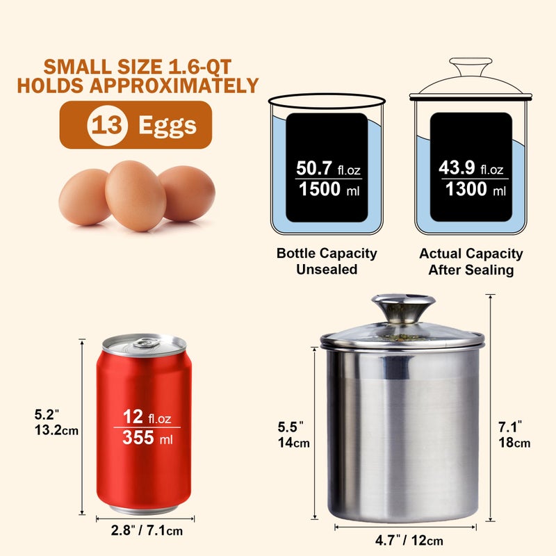 Cooks Standard طقم حاويات تخزين الطعام من الفولاذ المقاوم للصدأ من كوكز ستاندرد - 4 قطع كبيرة، 1.6qt/2.5qt/3.5qt/5qt حاويات محكمة الإغلاق مع غطاء زجاجي للشاي والقهوة والسكر والدقيق لمطبخك - Image 2