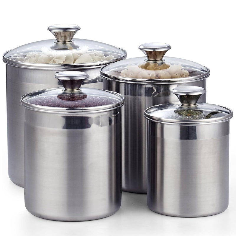 Cooks Standard طقم حاويات تخزين الطعام من الفولاذ المقاوم للصدأ من كوكز ستاندرد - 4 قطع كبيرة، 1.6qt/2.5qt/3.5qt/5qt حاويات محكمة الإغلاق مع غطاء زجاجي للشاي والقهوة والسكر والدقيق لمطبخك - Image 1