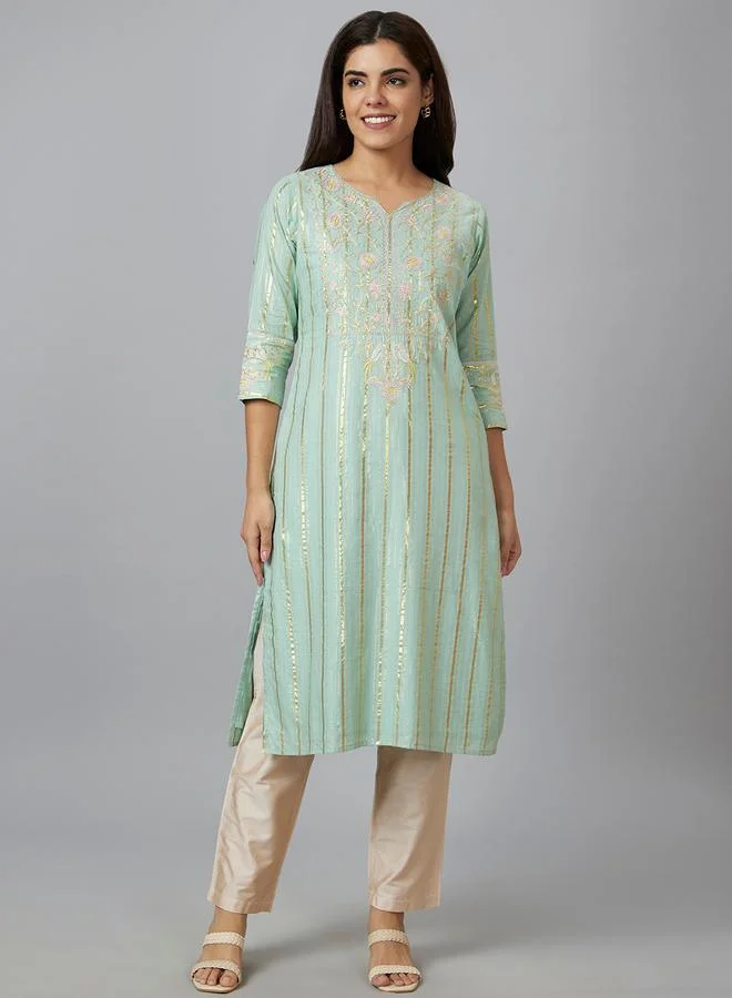 globus Globus Green Embroidered Straight Kurta