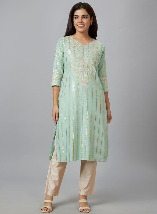 Globus Green Embroidered Straight Kurta - Image 1