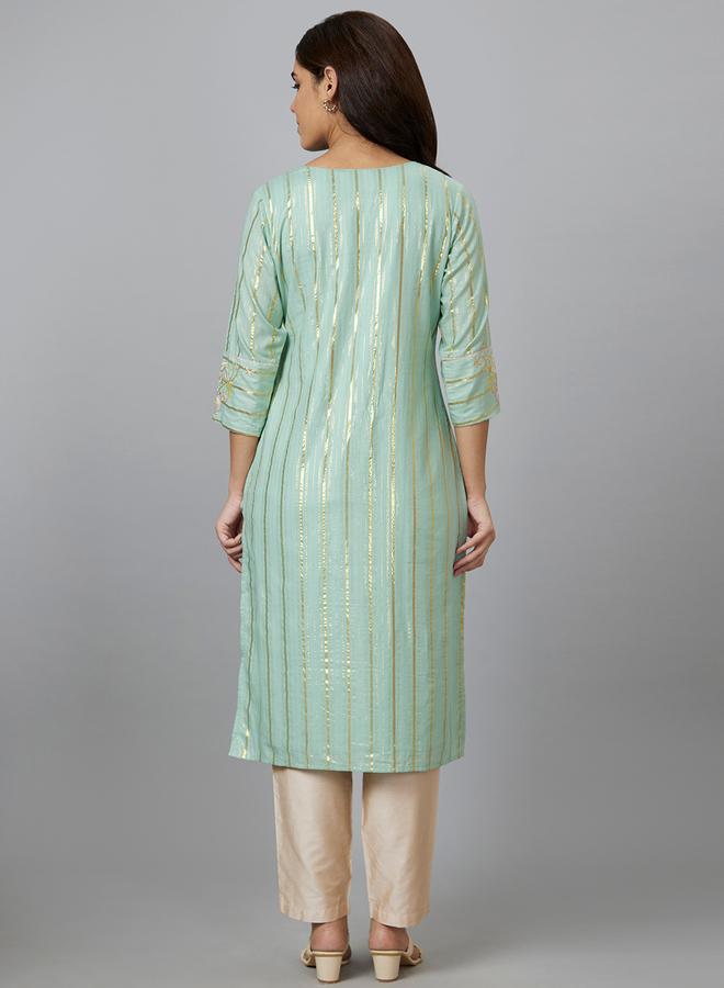 Globus Green Embroidered Straight Kurta - Image 3