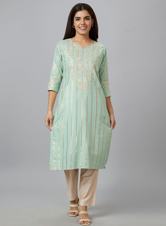Globus Green Embroidered Straight Kurta - Image 2
