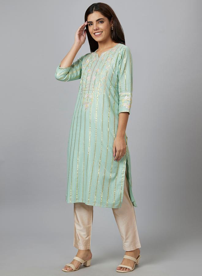 Globus Green Embroidered Straight Kurta - Image 4