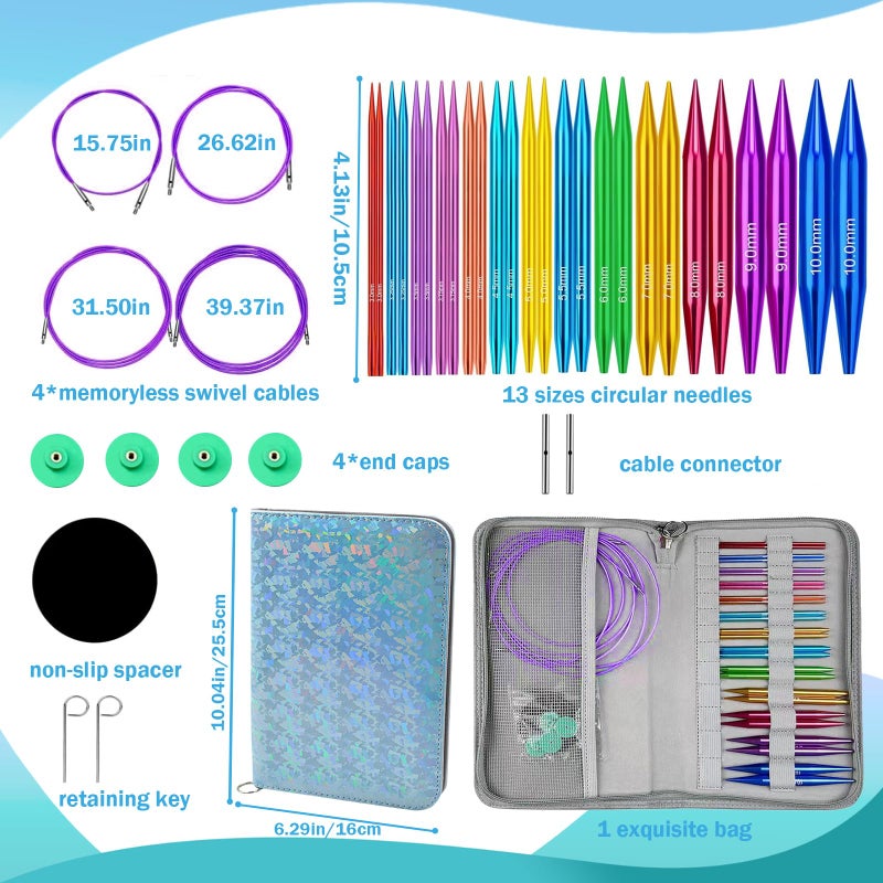Yarniss 13 Pairs Circular Knitting Needle Set 3.0~10.0mm,4-Inch Interchangeable Aluminum Knitting Needles with 4 Cables, Round Needle with Case - Image 2