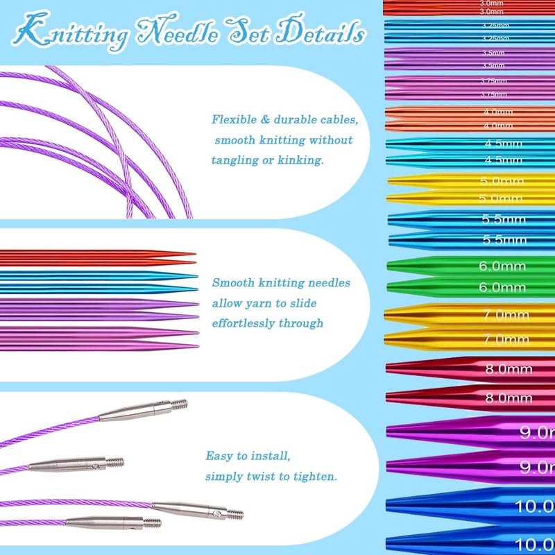Yarniss 13 Pairs Circular Knitting Needle Set 3.0~10.0mm,4-Inch Interchangeable Aluminum Knitting Needles with 4 Cables, Round Needle with Case - Image 5