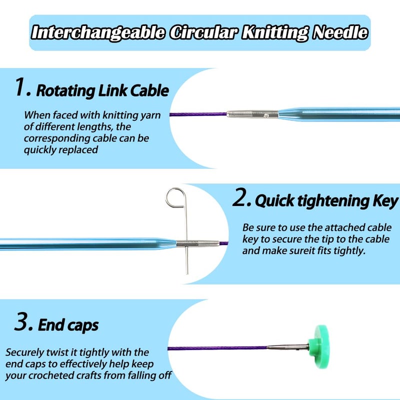 Yarniss 13 Pairs Circular Knitting Needle Set 3.0~10.0mm,4-Inch Interchangeable Aluminum Knitting Needles with 4 Cables, Round Needle with Case - Image 4