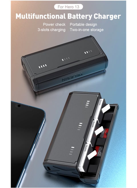 Pocket Charging Case for GoPro Hero13, 3-in-1 Portable Charger with Flat 2.5cm Design, Holds 3 Batteries & 2 SD Cards, Dual Charging & Storage, Durable Flame-Resistant ABS Material