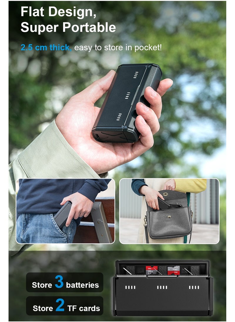 Pocket Charging Case for GoPro Hero13, 3-in-1 Portable Charger with Flat 2.5cm Design, Holds 3 Batteries & 2 SD Cards, Dual Charging & Storage, Durable Flame-Resistant ABS Material