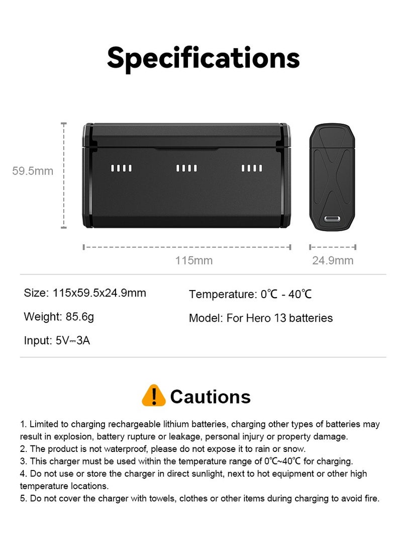 Pocket Charging Case for GoPro Hero13, 3-in-1 Portable Charger with Flat 2.5cm Design, Holds 3 Batteries & 2 SD Cards, Dual Charging & Storage, Durable Flame-Resistant ABS Material