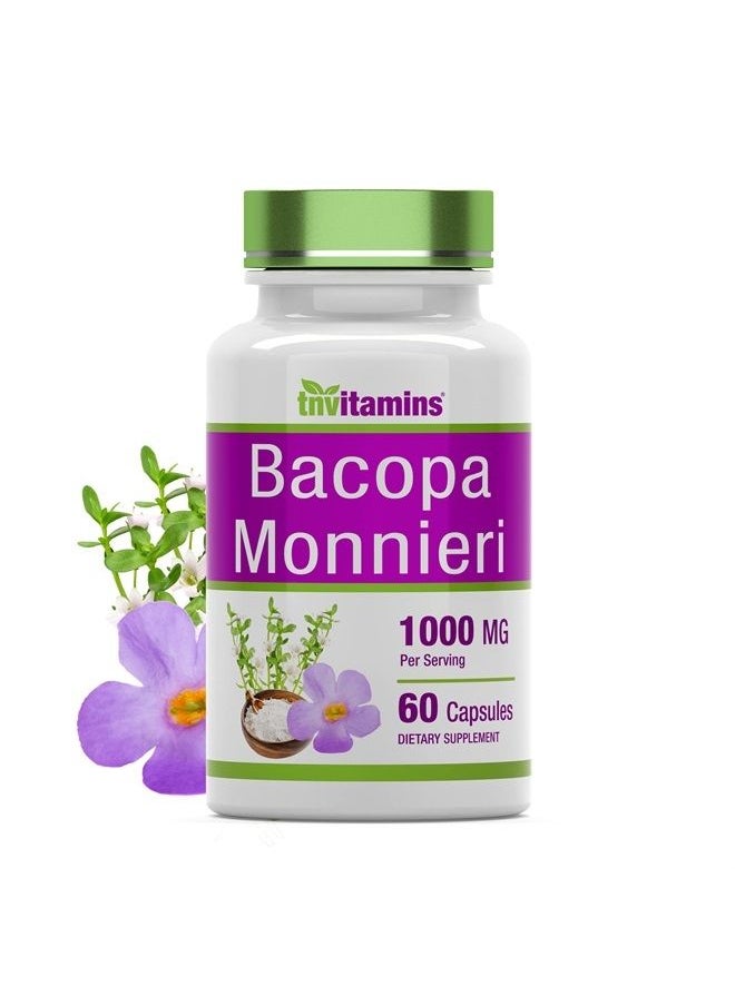 tnvitamins - Bacopa Monnieri Capsules 1000 MG (60 Capsules) | Nootropic Brain Support Supplement* | Bacopa Leaf Extract Powder Pills - Image 1
