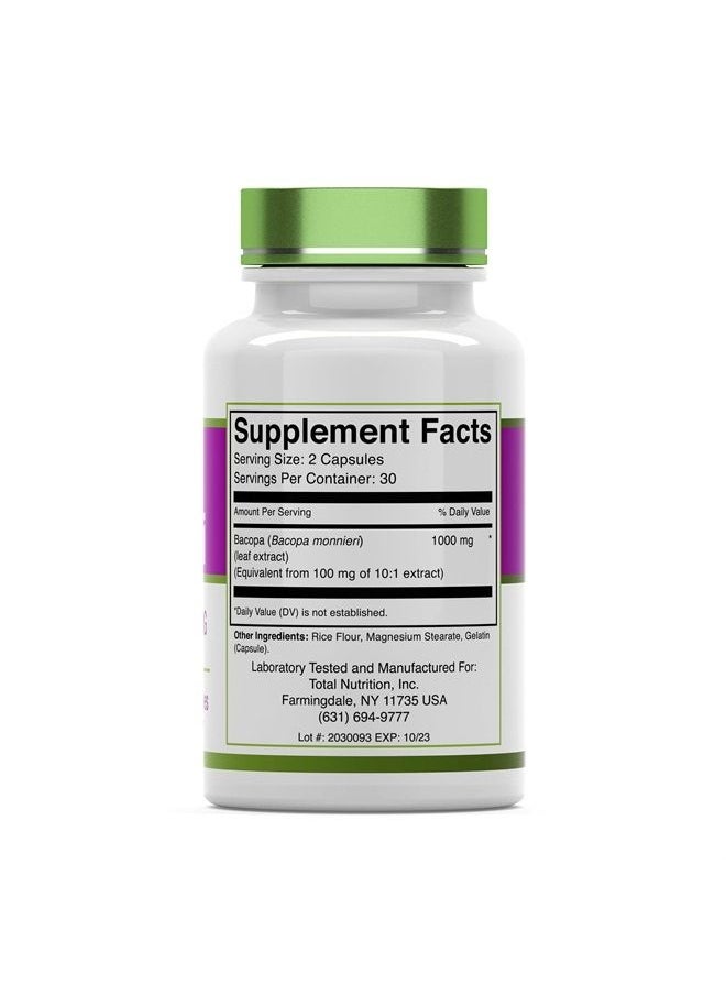 tnvitamins - Bacopa Monnieri Capsules 1000 MG (60 Capsules) | Nootropic Brain Support Supplement* | Bacopa Leaf Extract Powder Pills - Image 1