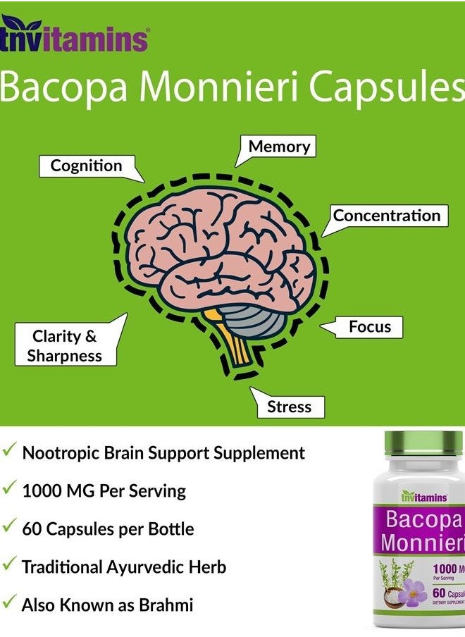 tnvitamins - Bacopa Monnieri Capsules 1000 MG (60 Capsules) | Nootropic Brain Support Supplement* | Bacopa Leaf Extract Powder Pills - Image 1