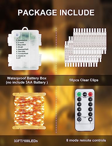 LECLSTAR Photo Clip String Lights with Remote, 33FT 100 LED Battery Operated String Lights, Waterproof Copper Wire Starry Lights with 50 Clear Clips, Powered Fairy Lights for Teen Girl Gifts Bedroom 8 Modes - Image 2