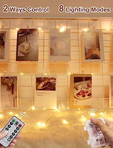 LECLSTAR Photo Clip String Lights with Remote, 33FT 100 LED Battery Operated String Lights, Waterproof Copper Wire Starry Lights with 50 Clear Clips, Powered Fairy Lights for Teen Girl Gifts Bedroom 8 Modes - Image 3
