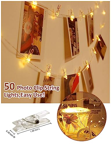 LECLSTAR Photo Clip String Lights with Remote, 33FT 100 LED Battery Operated String Lights, Waterproof Copper Wire Starry Lights with 50 Clear Clips, Powered Fairy Lights for Teen Girl Gifts Bedroom 8 Modes - Image 4