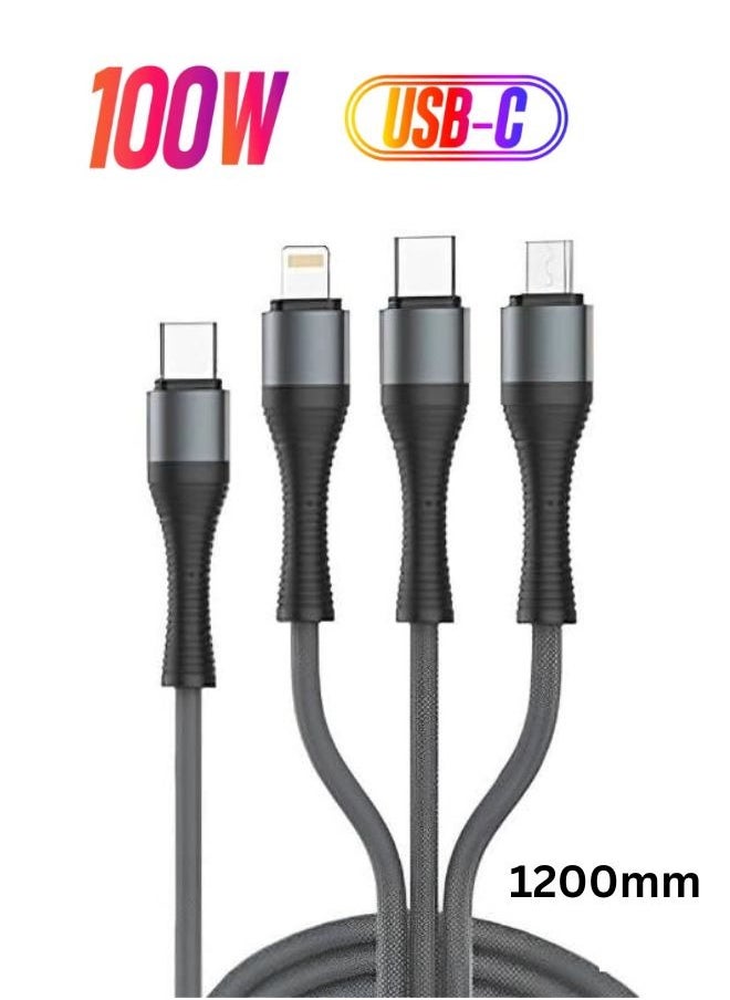 LDNIO 3-in-1 100W Type-C Cable, High-Speed Type-C, Lighting, Micro Charging & Data Transfer Cable with USB-C Connectors for Laptops, Smartphones, Tablets, and Accessories, Supports Up to 100W Power Delivery, Compatible with Apple, Dell, Samsung, Huawei, Honor Google, and More- (1.2M) Black  - Image 1
